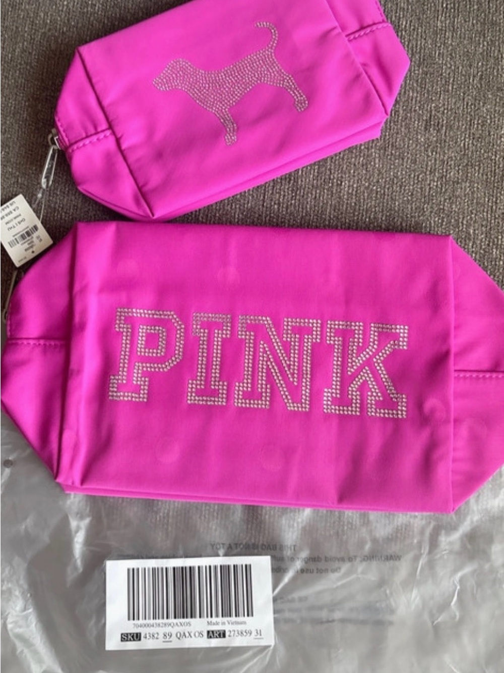 kate spade PINK Rhinestone-Logo Hot Pink Nylon Cosmetic Pouch Set